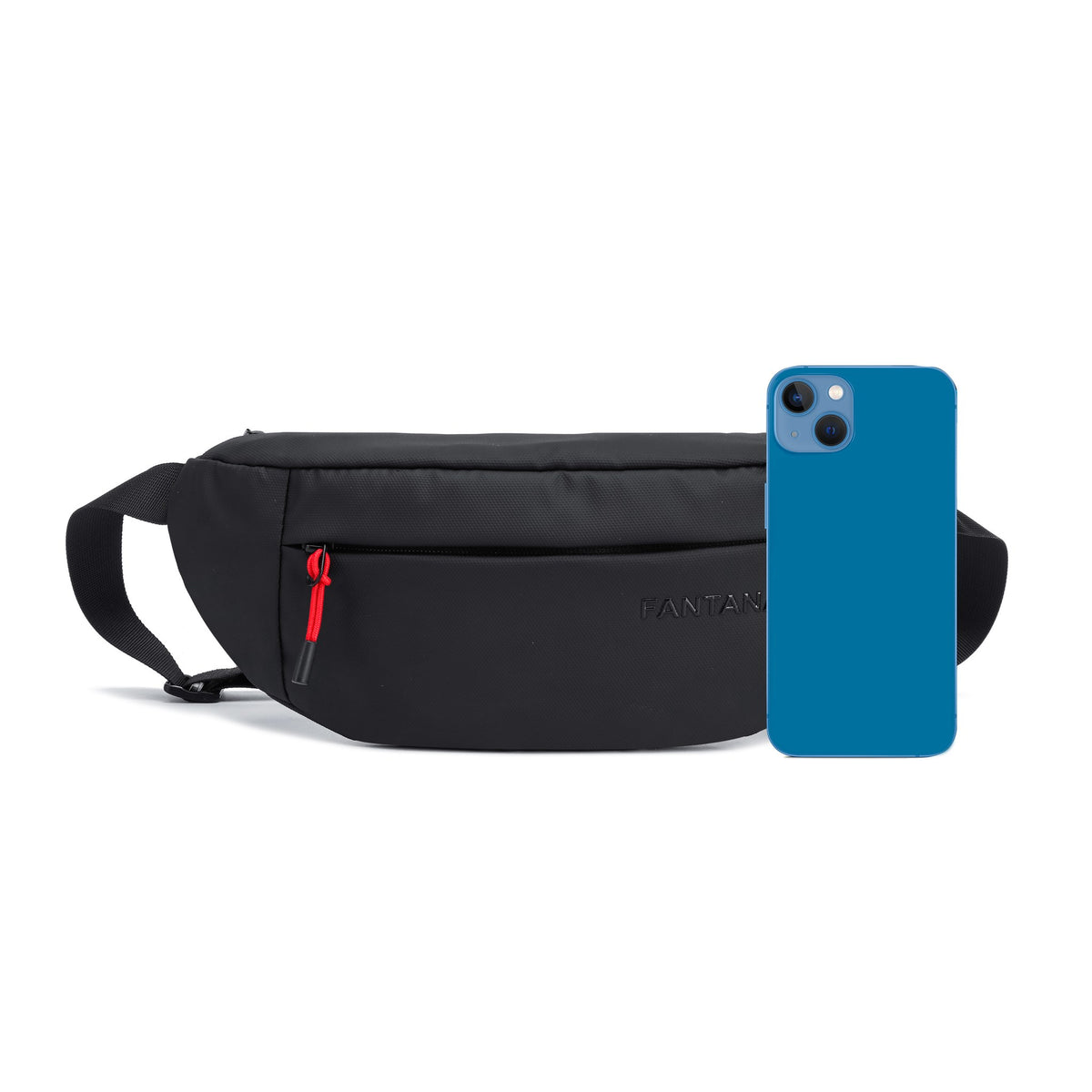 Charcoal — Voyager Waist Bag, shown to scale