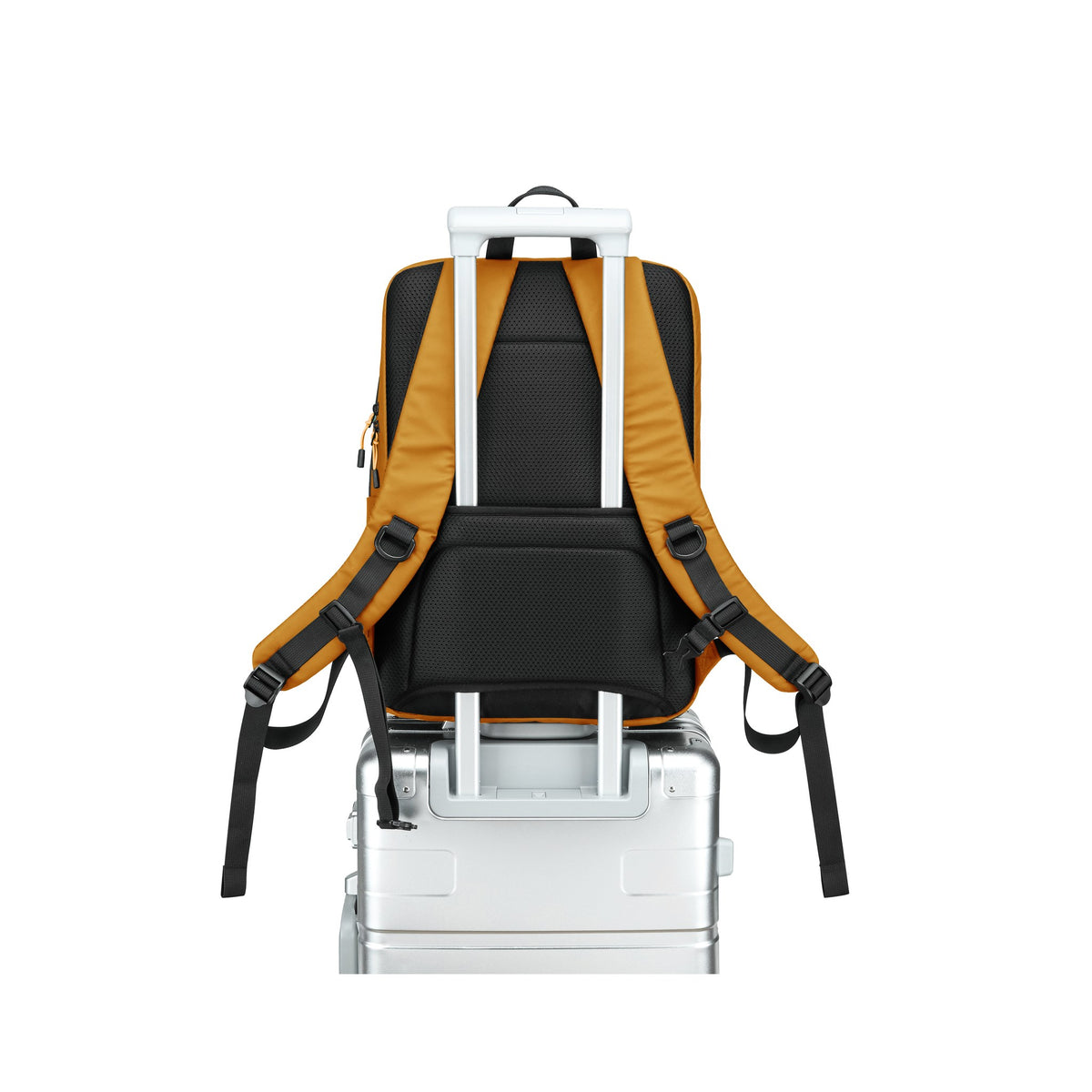 Mustard — Voyager Laptop Backpack, on a case's trolley handle