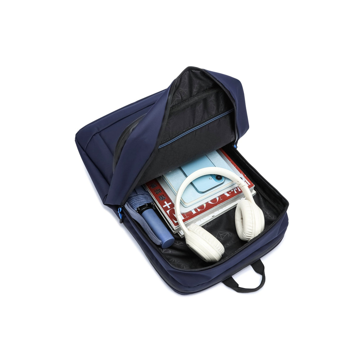 Navy — Voyager Laptop Backpack, packed