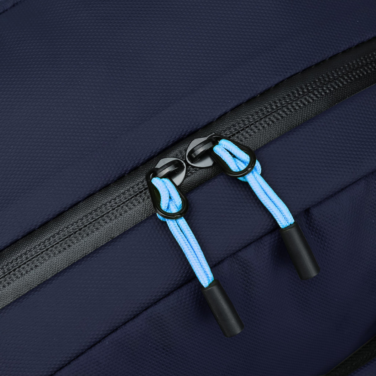 Navy — Voyager Backpack, zip pulls, detail