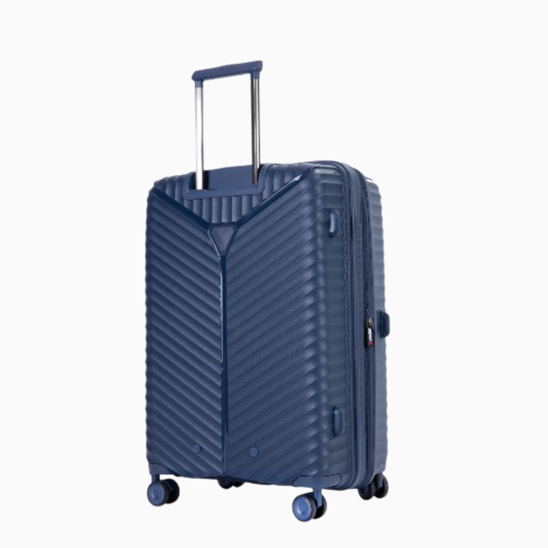 Navy — Mars hard shell suitcase, 69.5cm medium, back, three-quarter view
