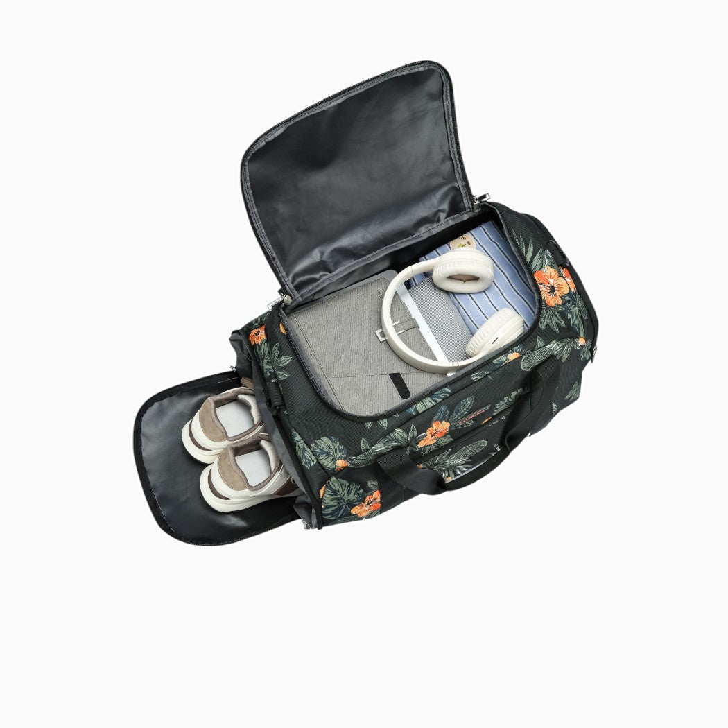 Floral — Fantana Prints holdall, open, packed