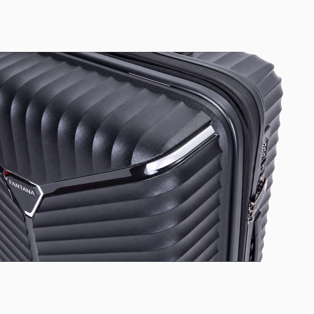 Charcoal — Mars hard shell suitcase, 69.5cm medium, shell and badge, close-up