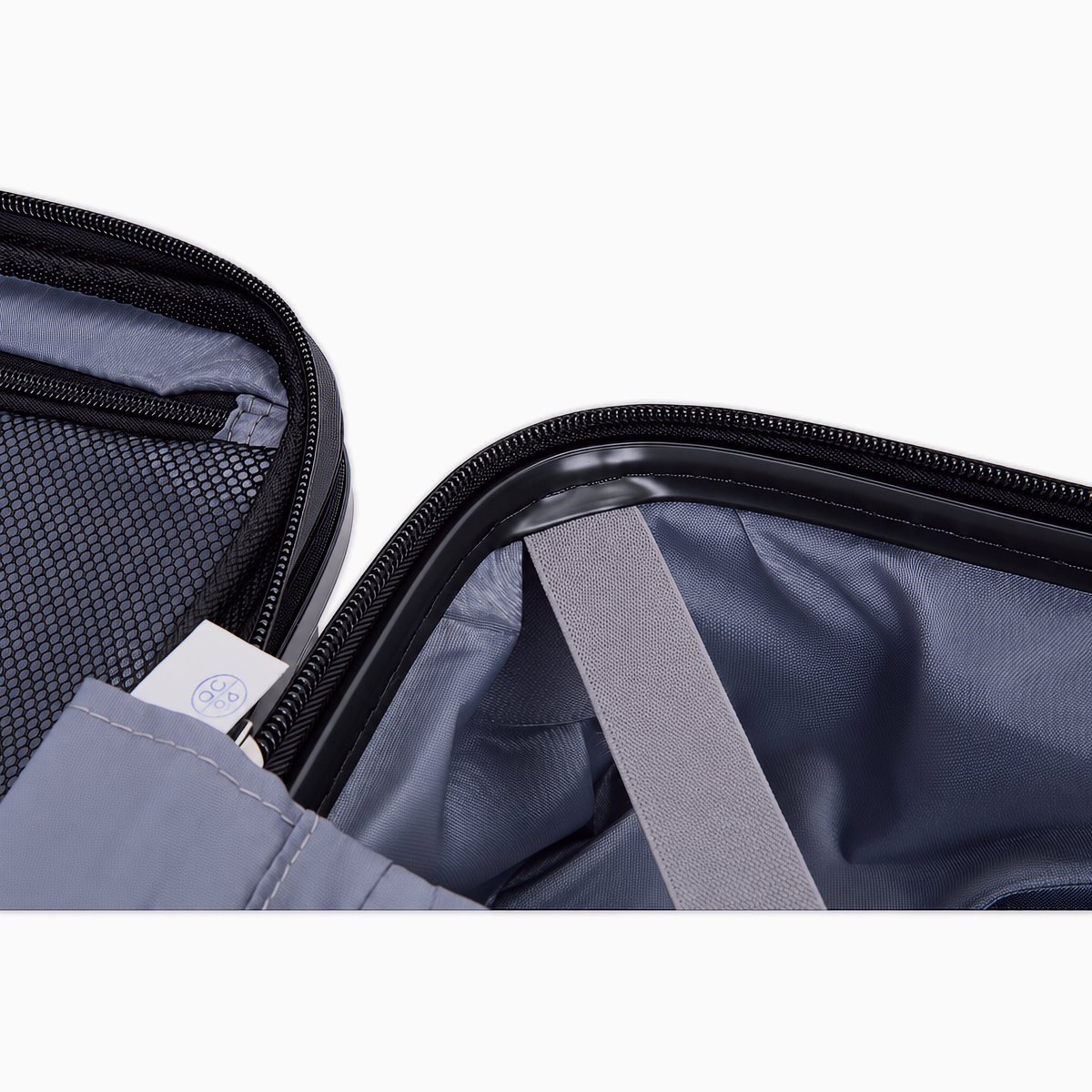 Charcoal — Mars hard shell suitcase, 55.5cm cabin, lining and packing strap, close-up