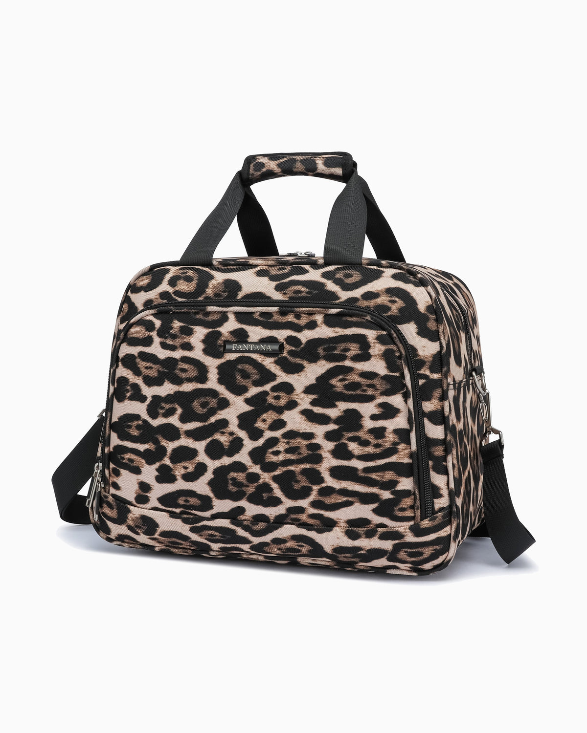 Leopard — Fantana Prints flight bag, front, three-quarter view