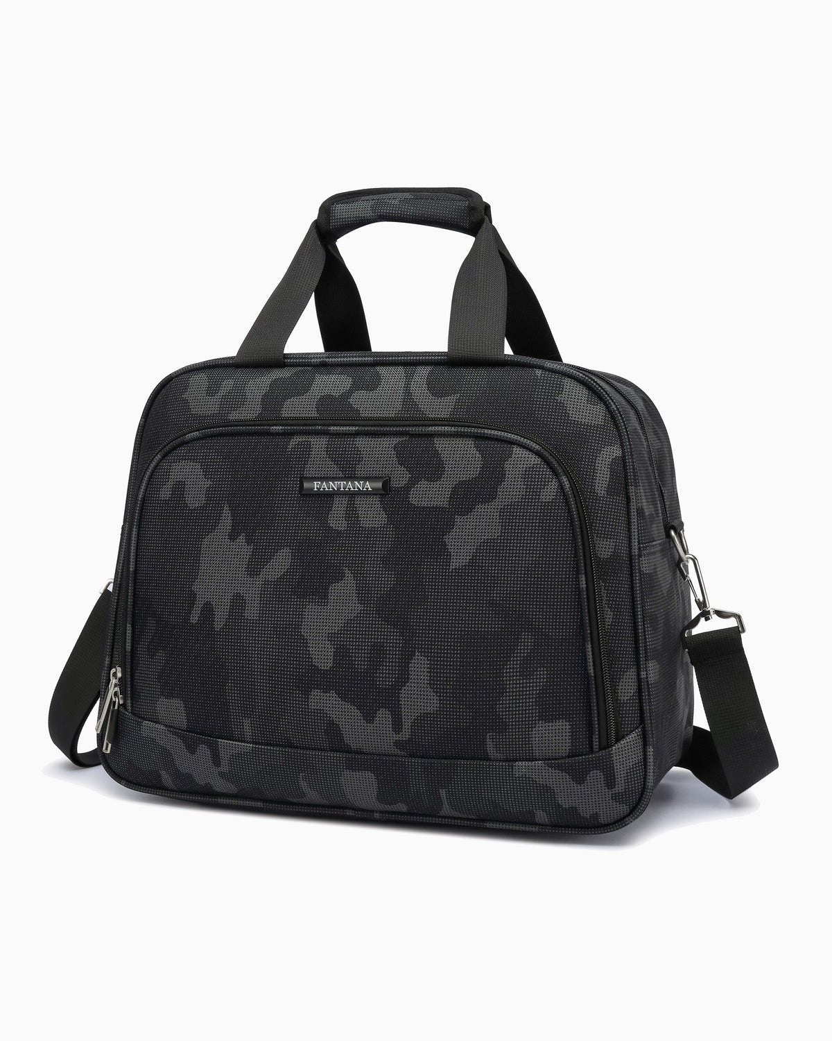 Camo — Fantana Prints flight bag, front, three-quarter view