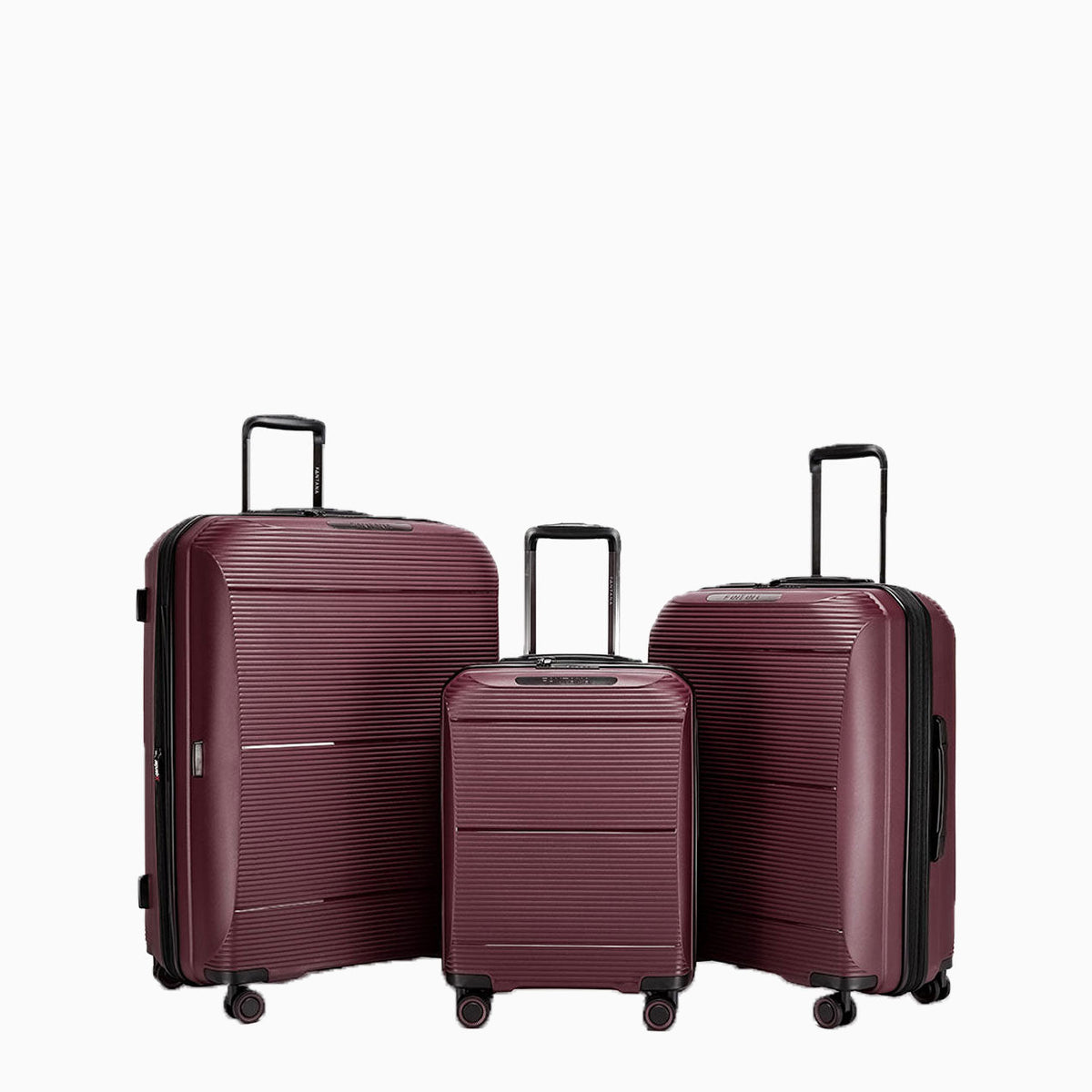 Burgundy — Dallas hard shell suitcase set of 3, cabin, medium and large, open