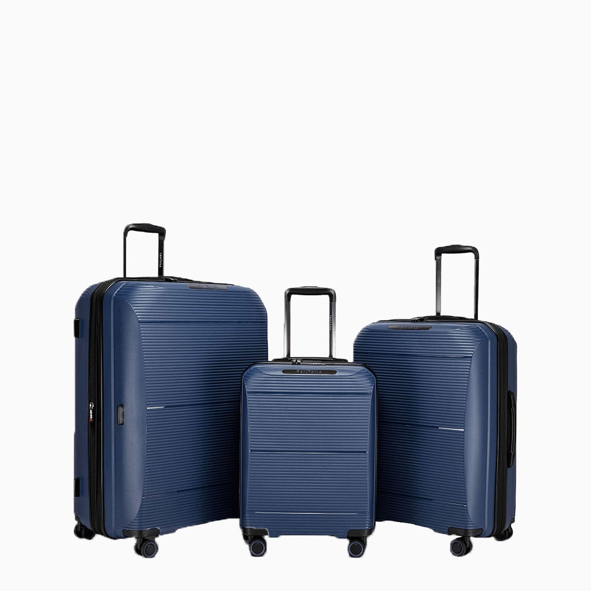 Navy — Dallas hard shell suitcase set of 3, cabin, medium and large, open