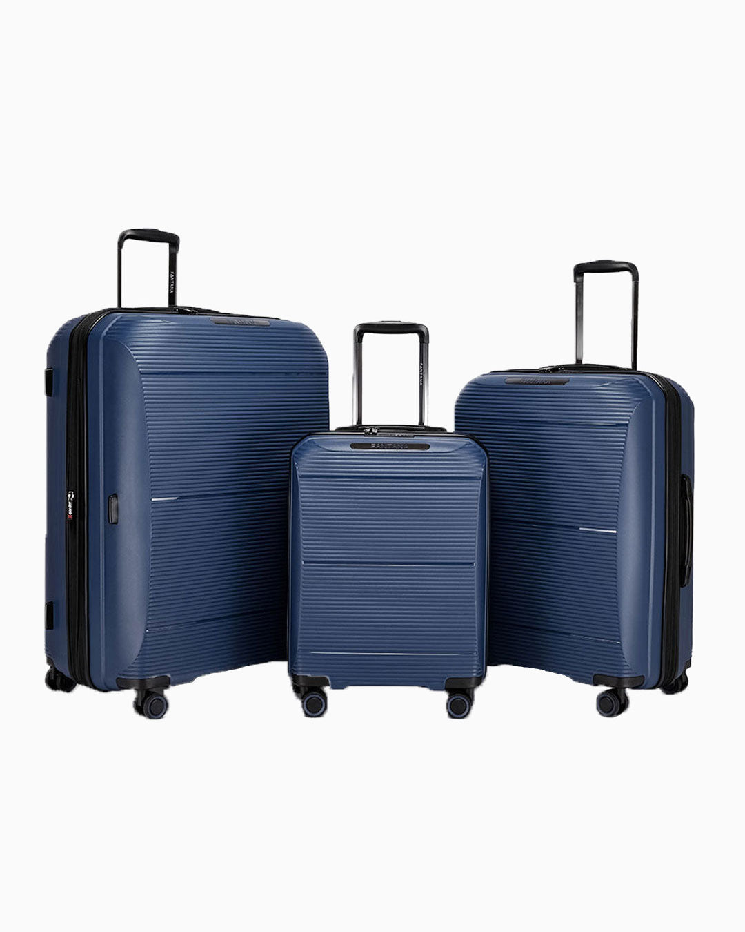 Navy — Dallas hard shell suitcase, 78.5cm large, shown as a set of three
