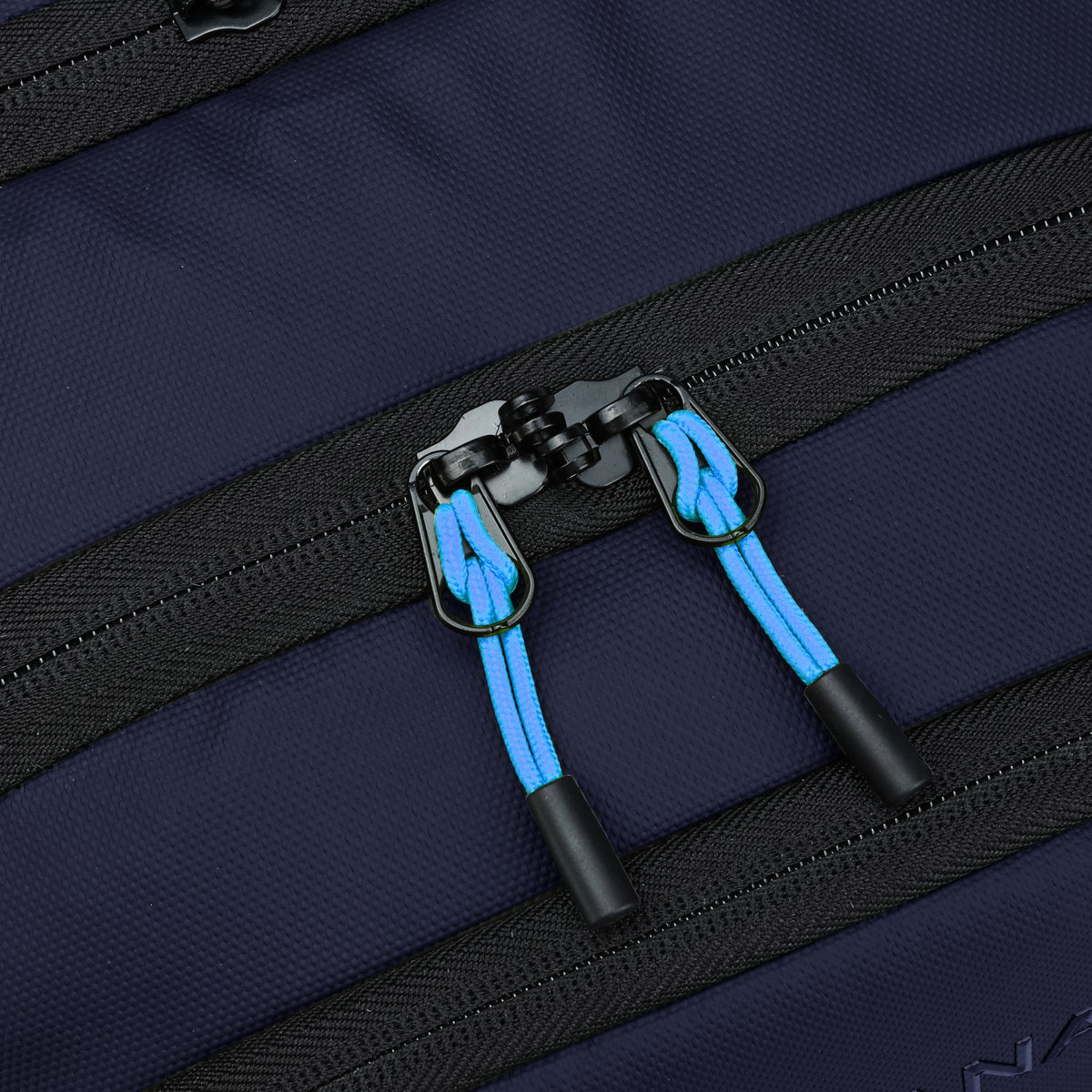 Navy — Voyager Backpack Trolley, zip pulls, detail