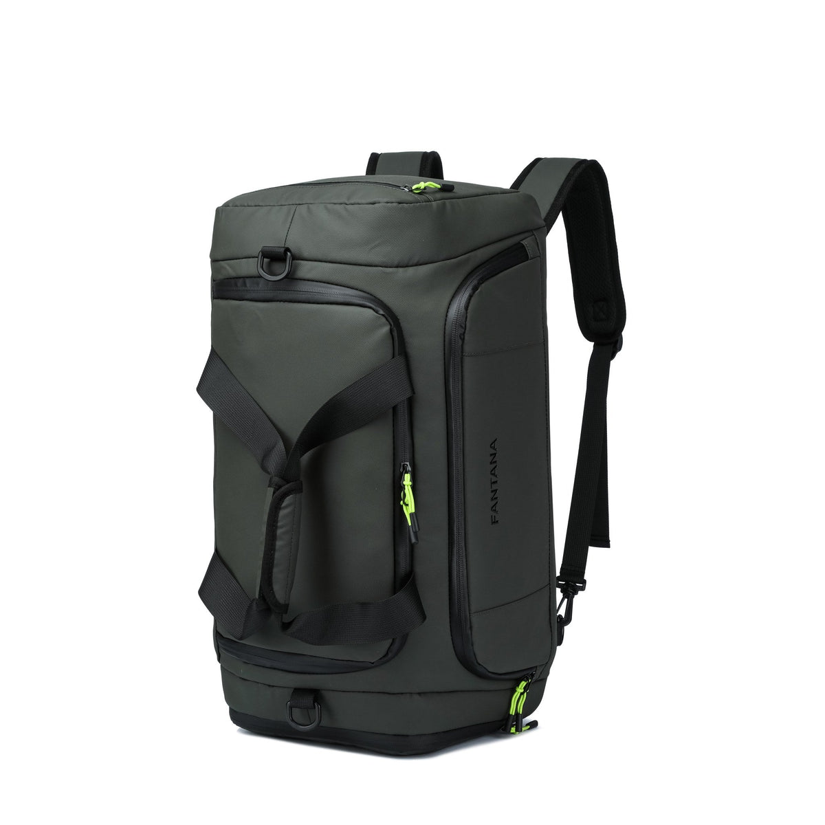 Olive — Voyager Holdall, as a backpack, three-quarter view