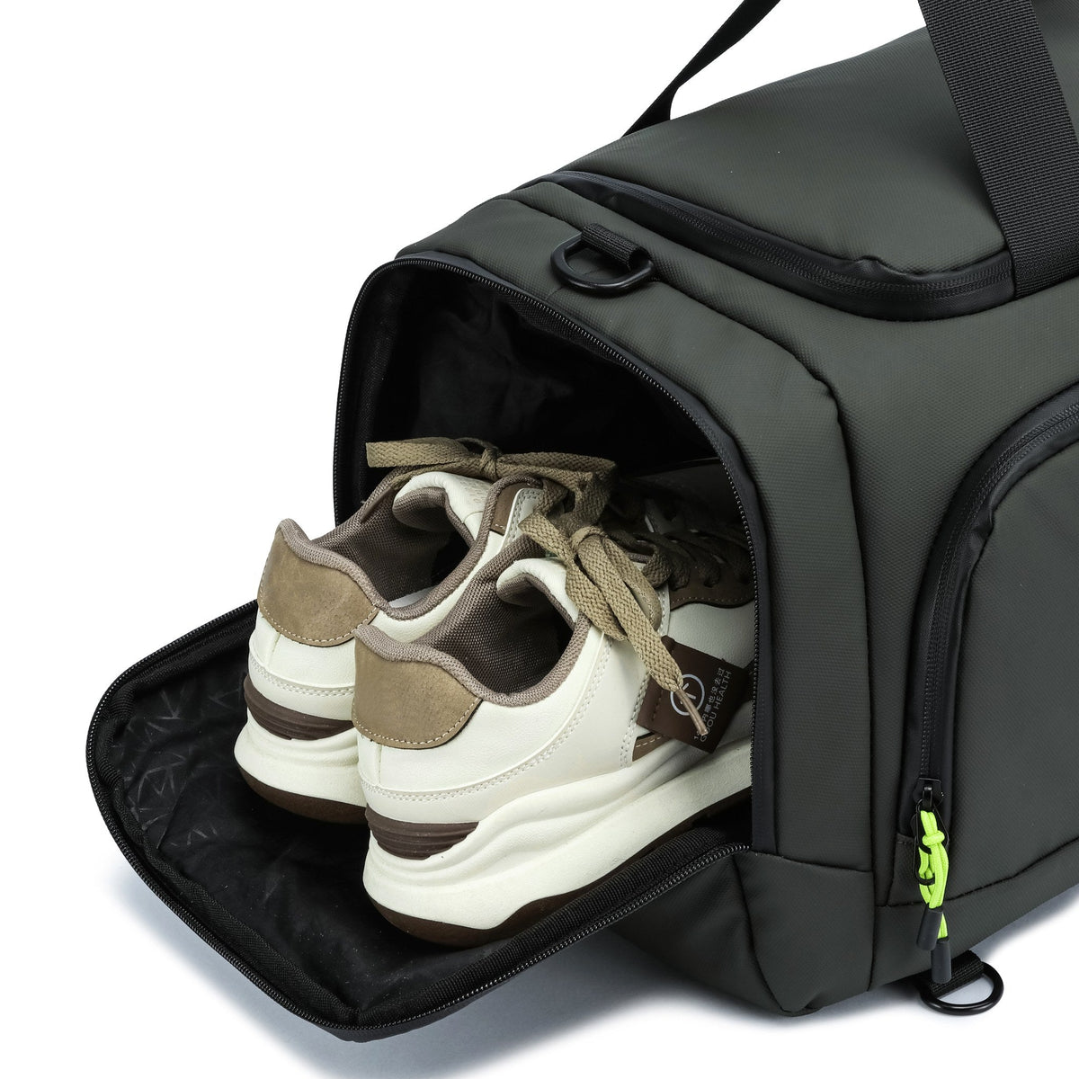 Olive — Voyager Holdall, shoe compartment open