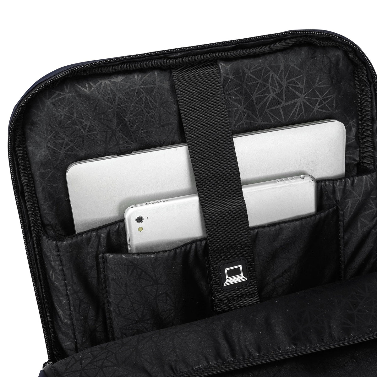 Navy — Voyager Laptop Backpack, packed