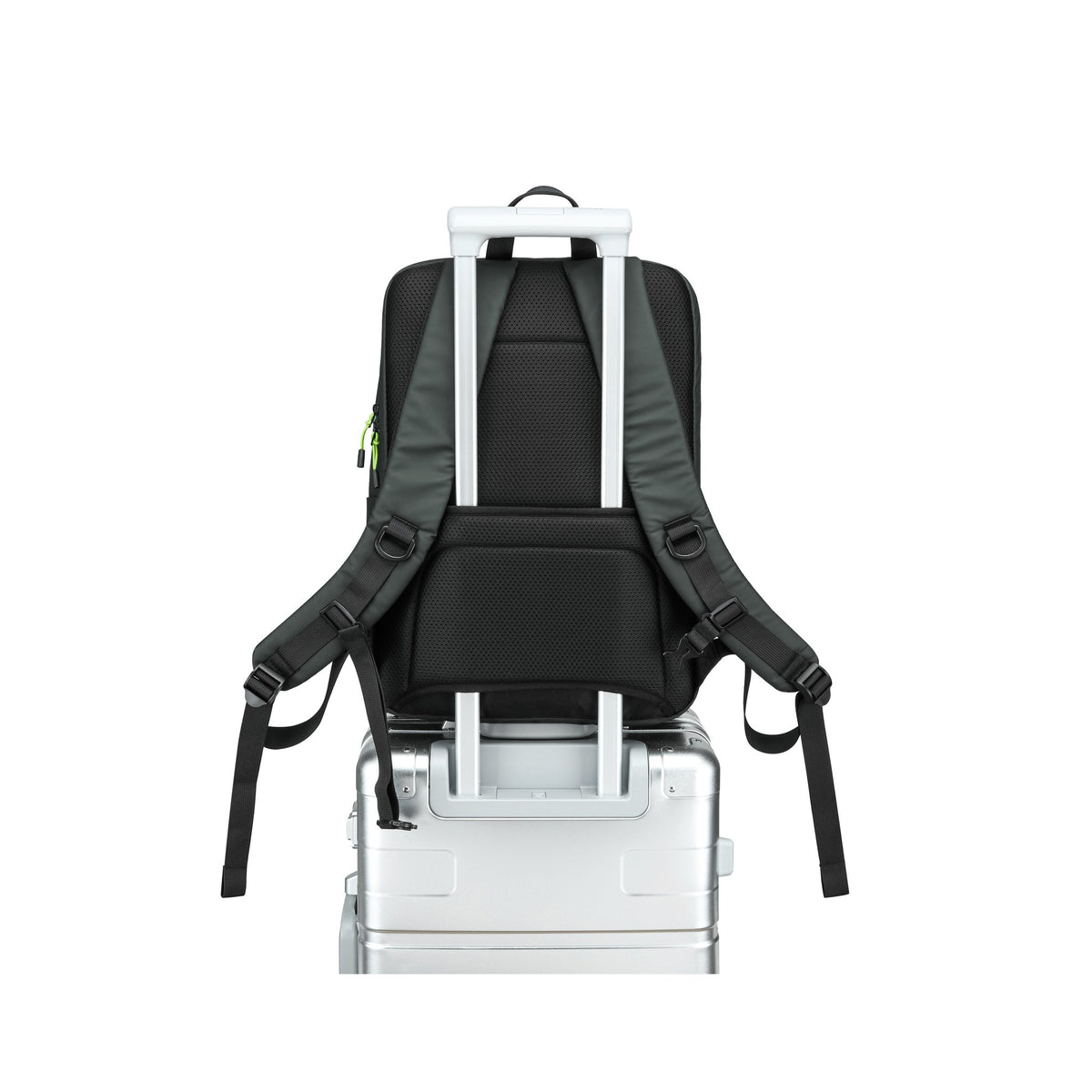 Olive — Voyager Laptop Backpack, on a case's trolley handle