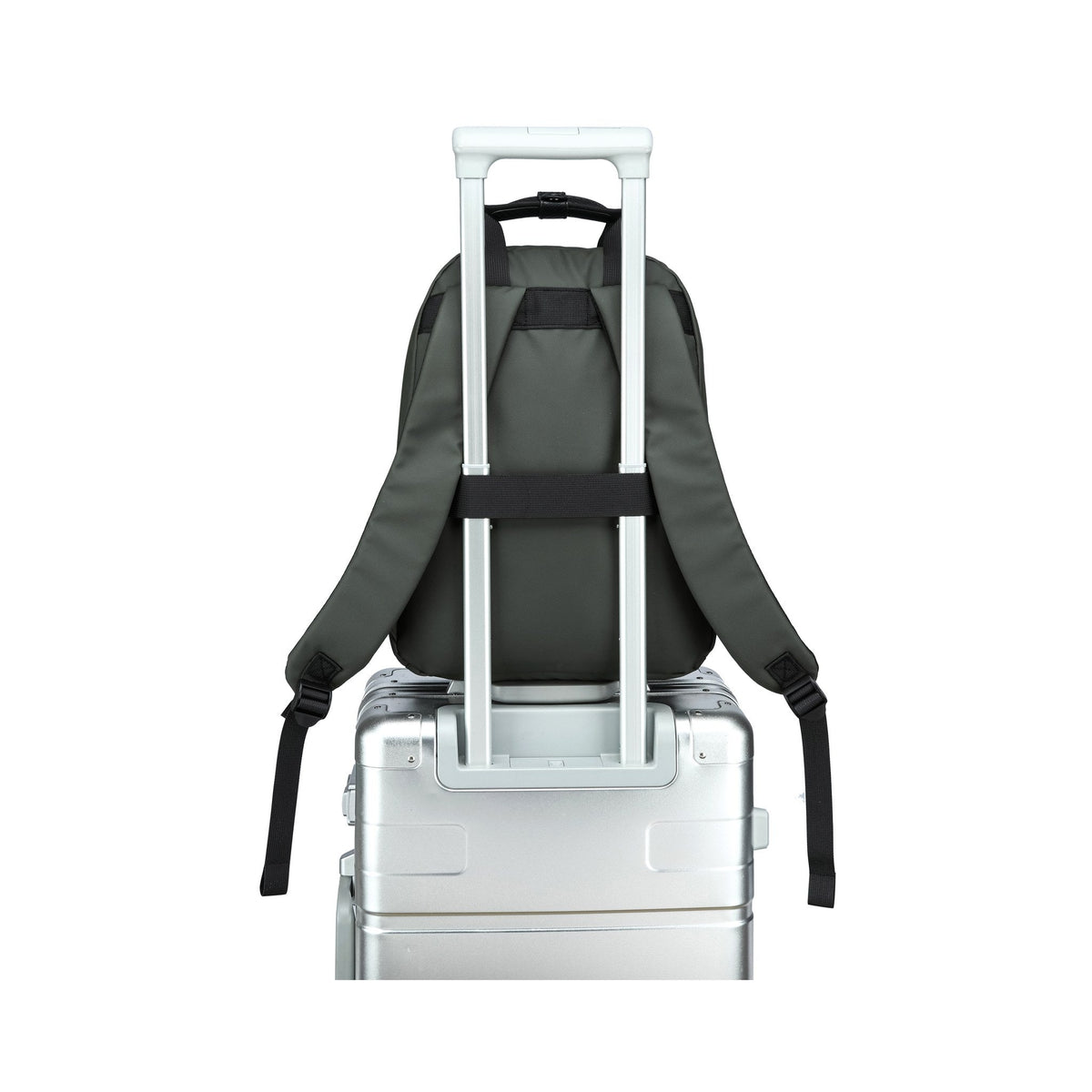Olive — Voyager Backpack, on a case's trolley handle