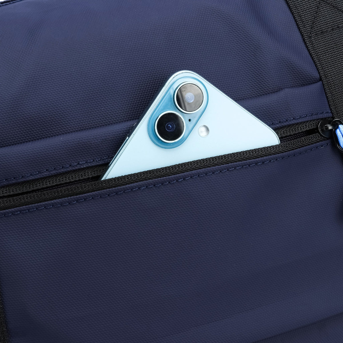 Navy — Voyager Shoulder Bag, front pocket, detail