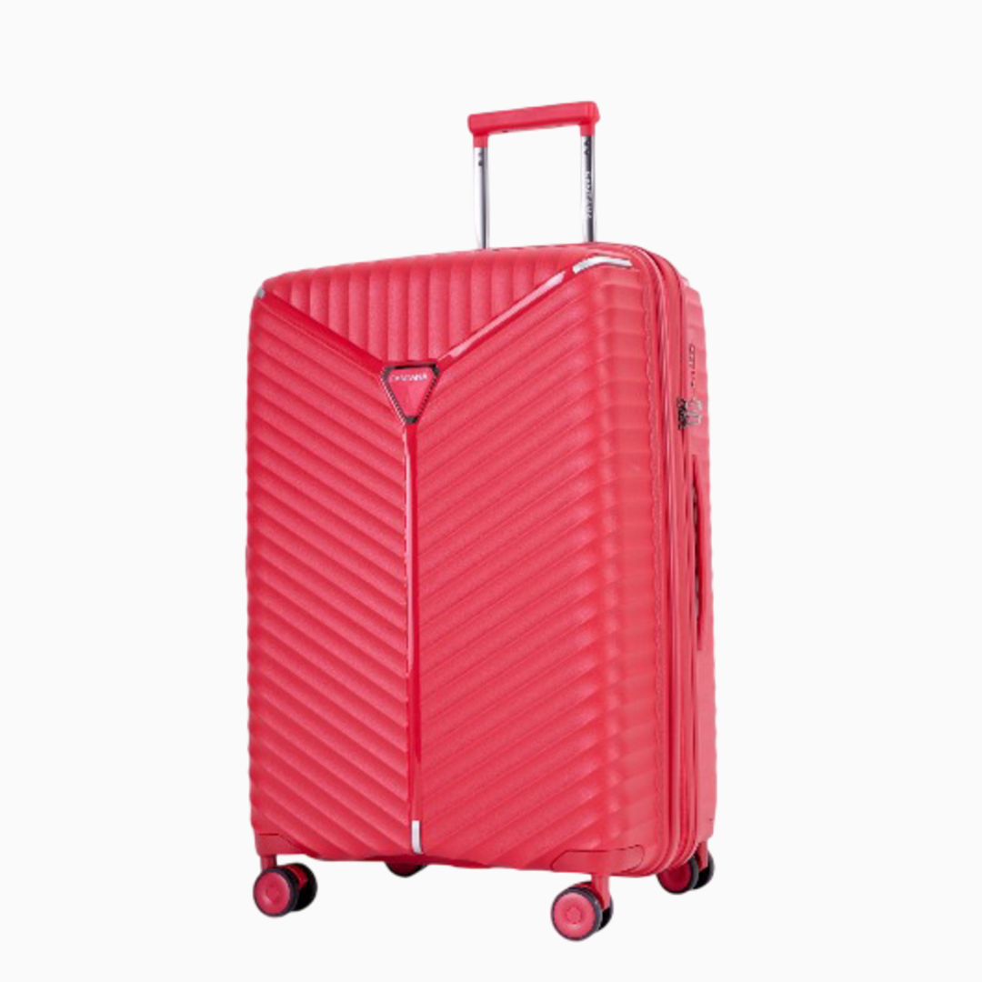 Cherry — Mars hard shell suitcase set of 3, one case, front, three-quarter view