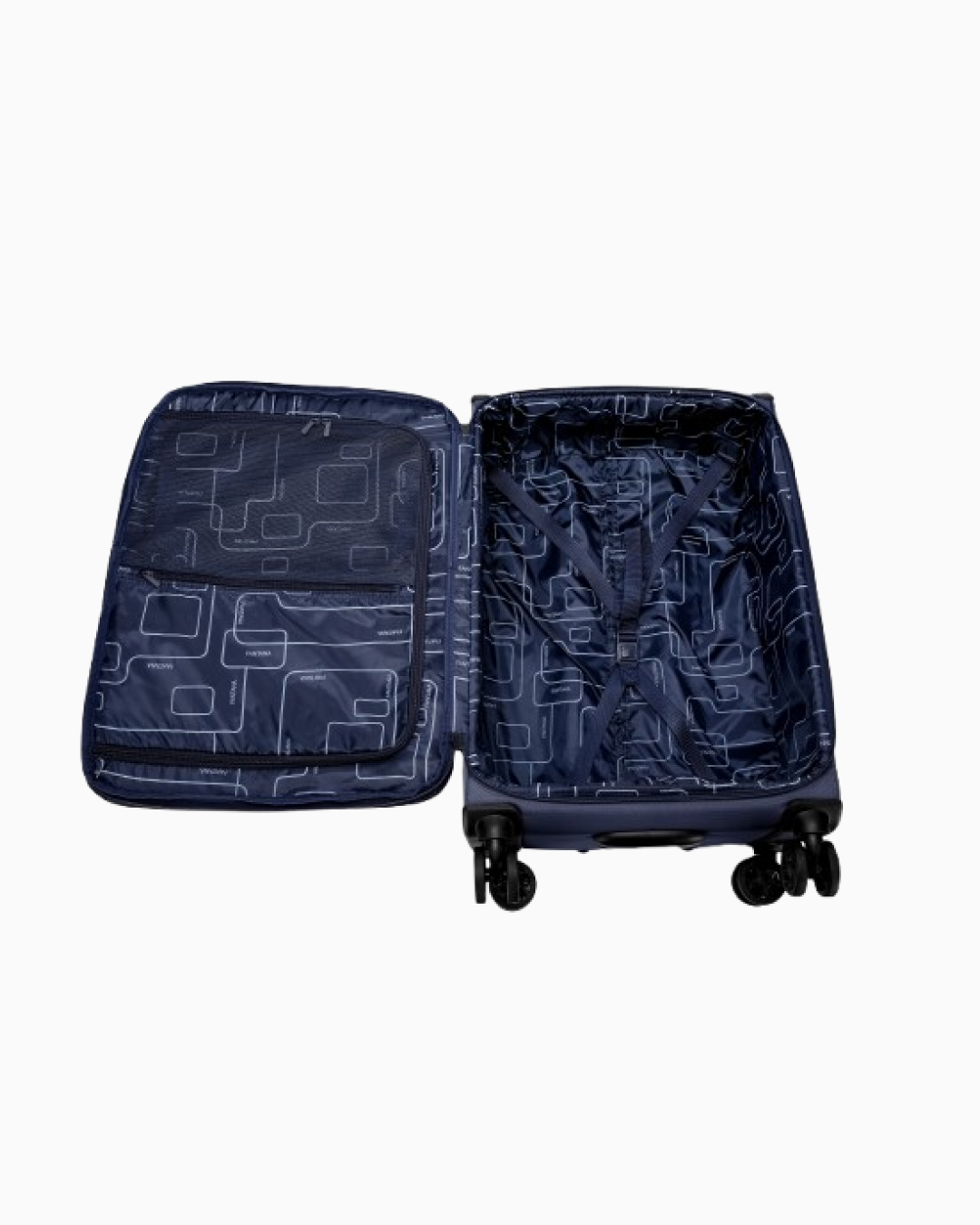 Navy Tartan — Starlet soft canvas suitcase, 55cm cabin, open, packed
