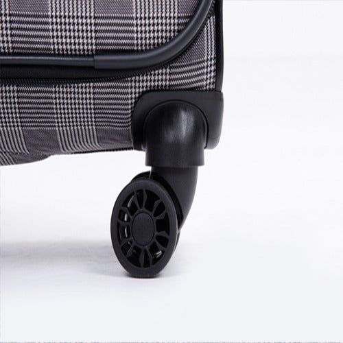 Grey Check — Fantana Prints soft case, spinner wheel, close-up