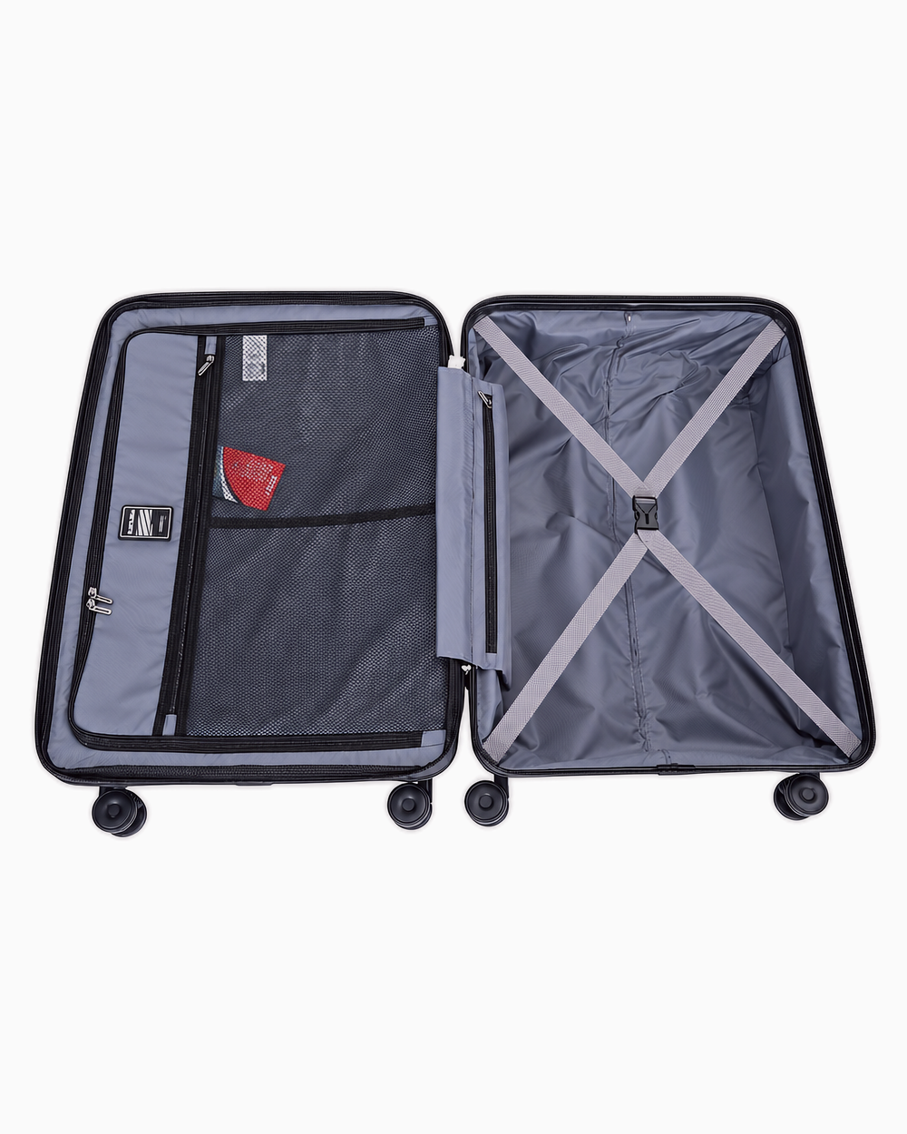 Charcoal — Mars hard shell suitcase, 78.5cm large, open, mesh pocket and packing straps
