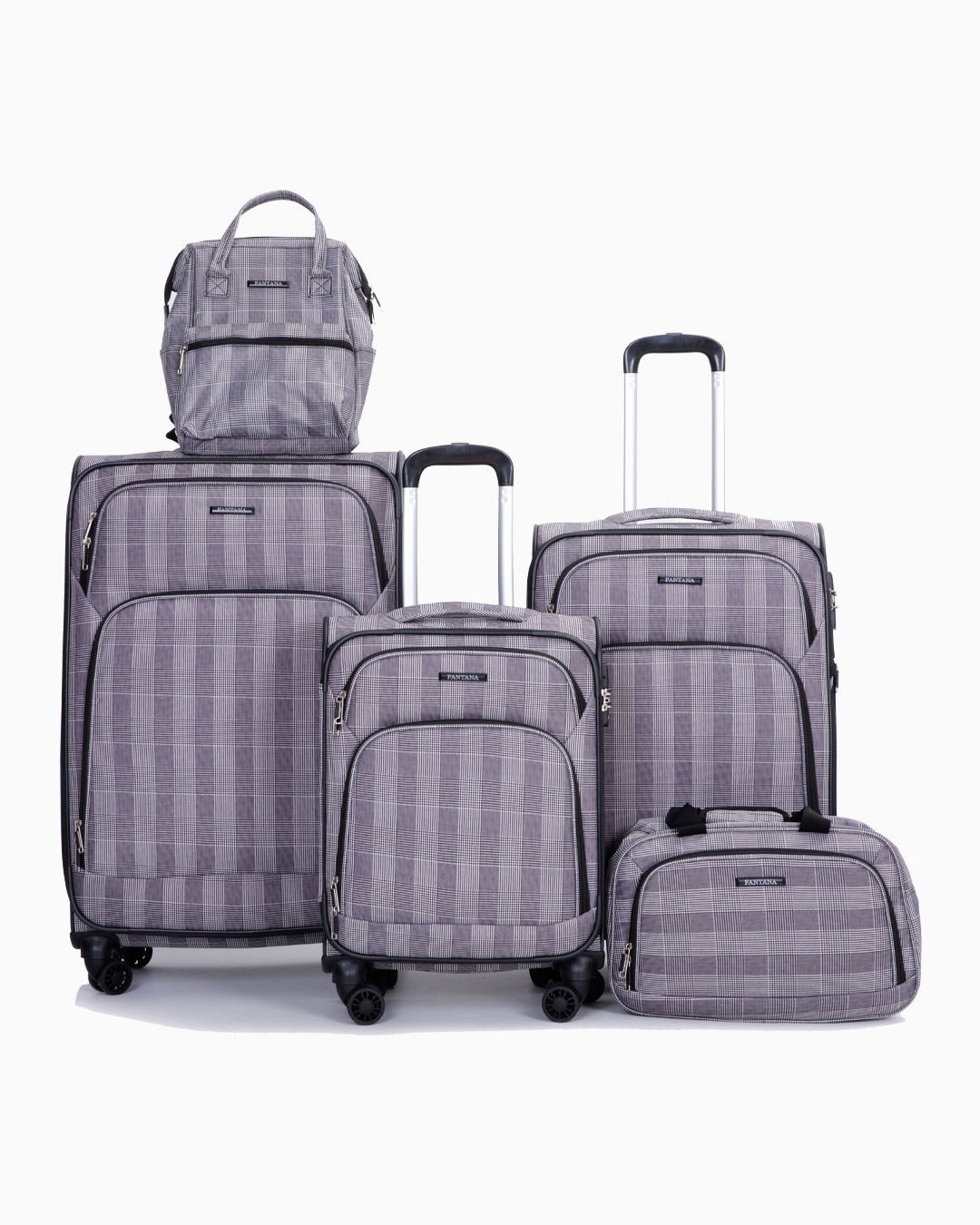Grey Check — Fantana Prints soft case, shown with the rest of the range